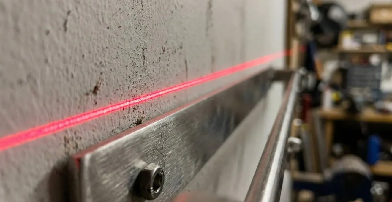 Dettaglio ravvicinato di livella laser che proietta linea rossa perfetta su binario per tende