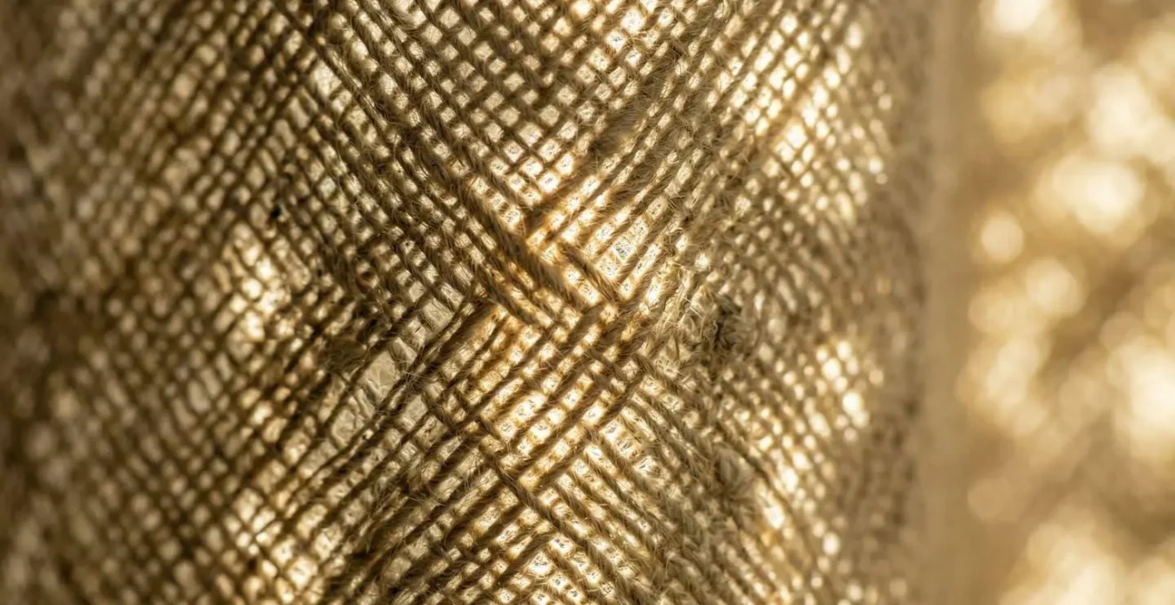 Dettaglio macro di tessuto di lino che filtra la luce naturale creando un effetto dappled light