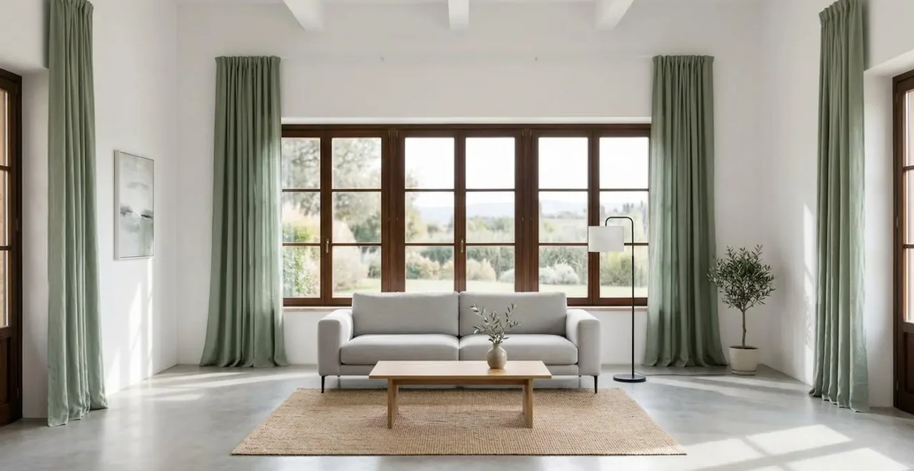 Salotto minimalista con tende color salvia come elemento d'accento secondo la regola 60-30-10