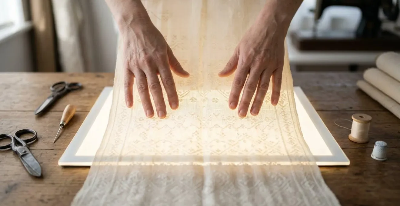 Artigiana sarta che esamina un tessuto pregiato su tavolo luminoso