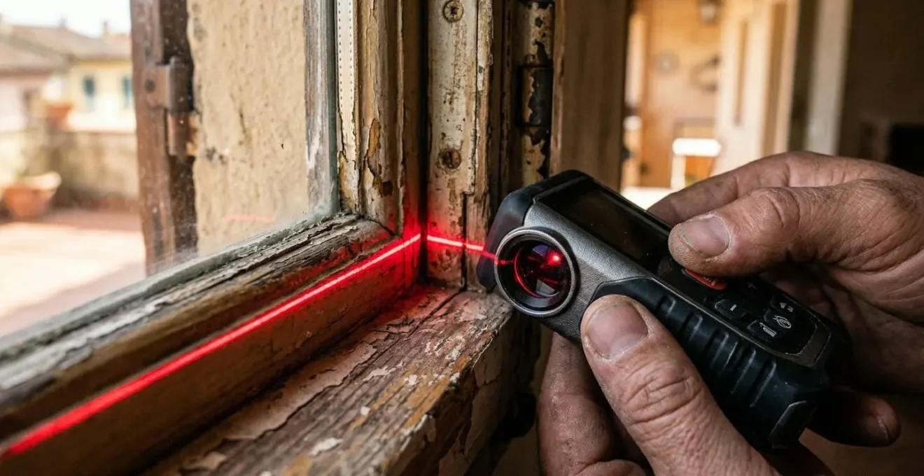 Tecnico professionista che misura le diagonali di una finestra con strumenti laser
