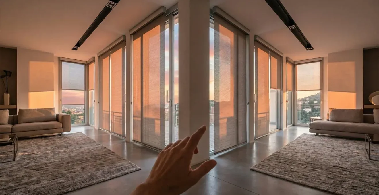 Sistema di tende motorizzate smart controllate da smartphone in soggiorno moderno