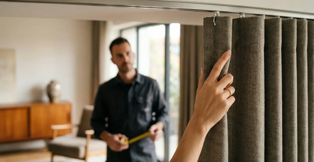 Mano che testa scorrimento fluido di tenda su binario professionale installato
