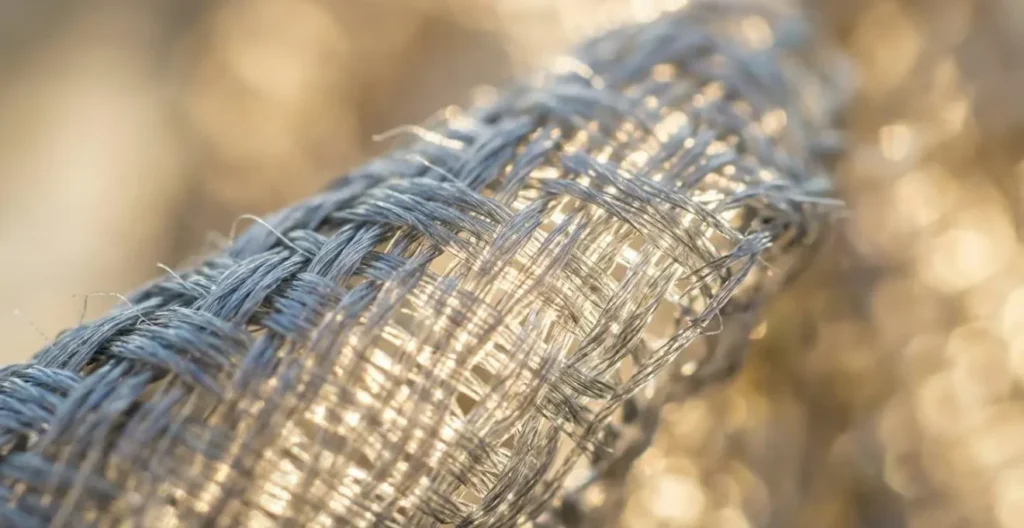 Dettaglio macro di tessuto tecnico semitrasparente con trama visibile che filtra delicatamente la luce solare